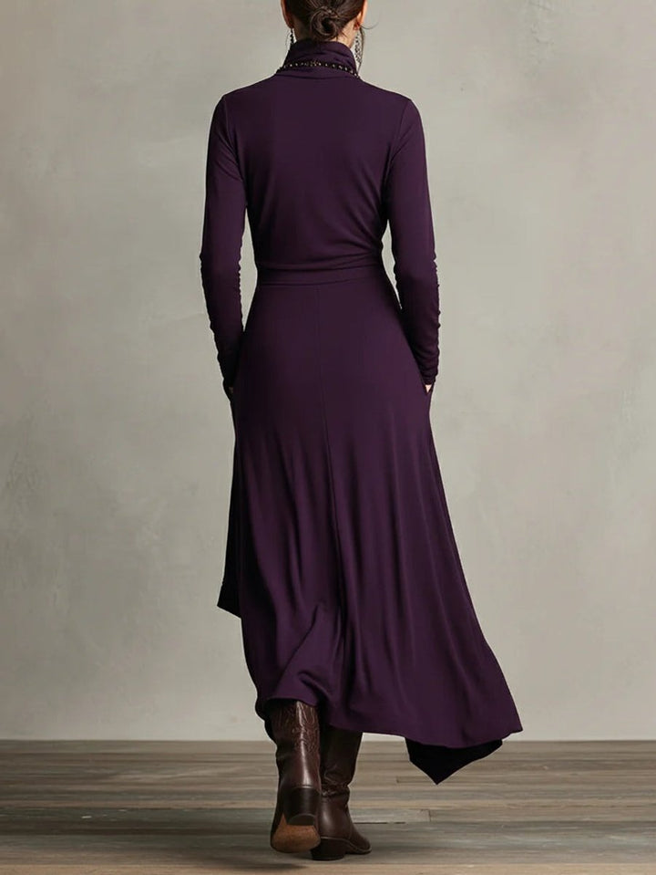 Damen Langarm Maxikleid Rollkragen Asymmetrisch Fließend