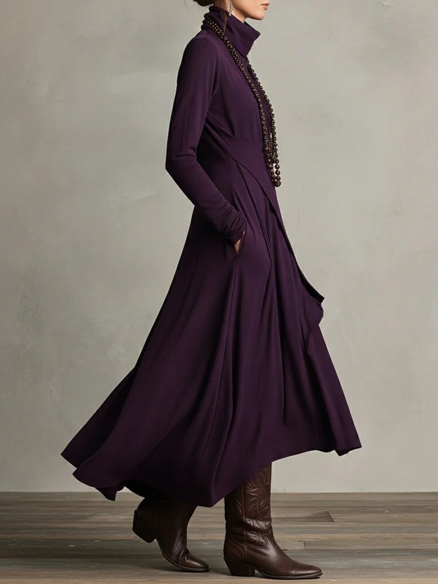 Damen Langarm Maxikleid Rollkragen Asymmetrisch Fließend