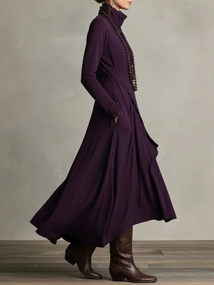 Damen Langarm Maxikleid Rollkragen Asymmetrisch Fließend