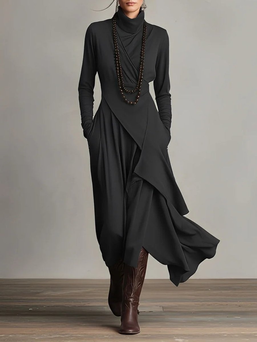 Damen Langarm Maxikleid Rollkragen Asymmetrisch Fließend - Schwarz