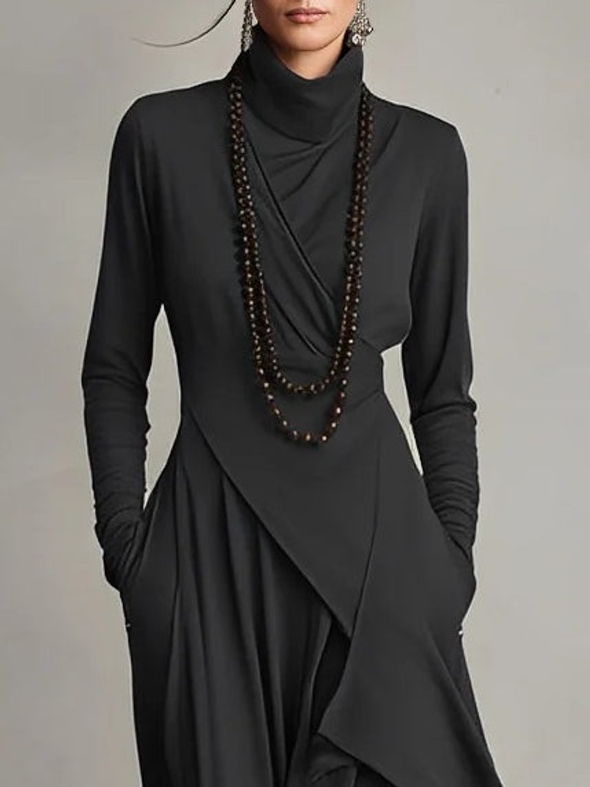 Damen Langarm Maxikleid Rollkragen Asymmetrisch Fließend