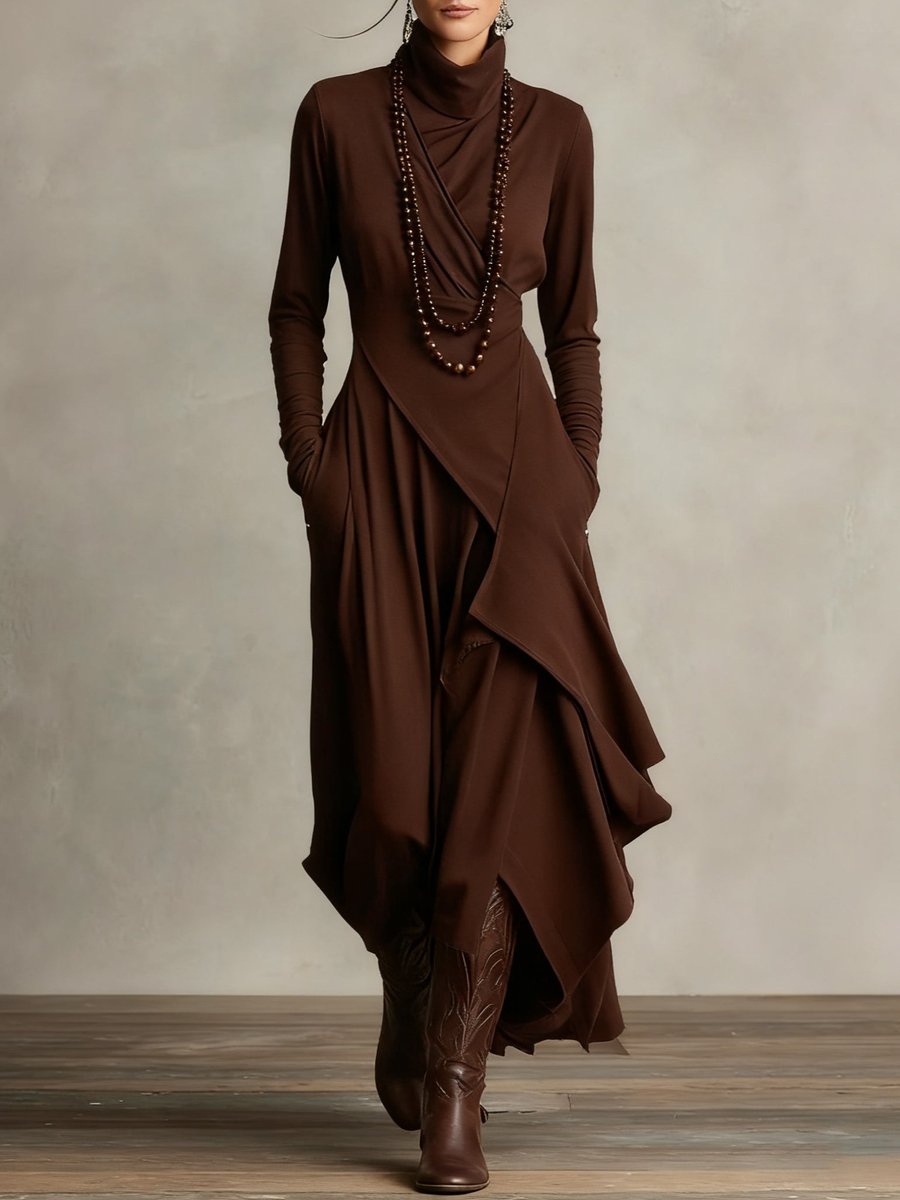 Damen Langarm Maxikleid Rollkragen Asymmetrisch Fließend - Braun