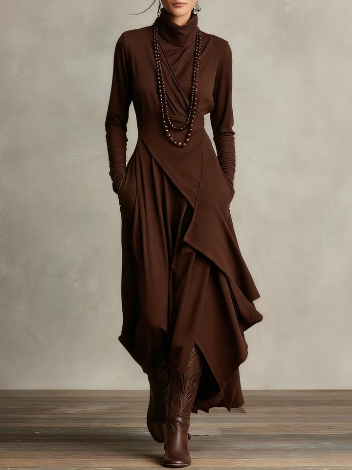 Damen Langarm Maxikleid Rollkragen Asymmetrisch Fließend - Braun