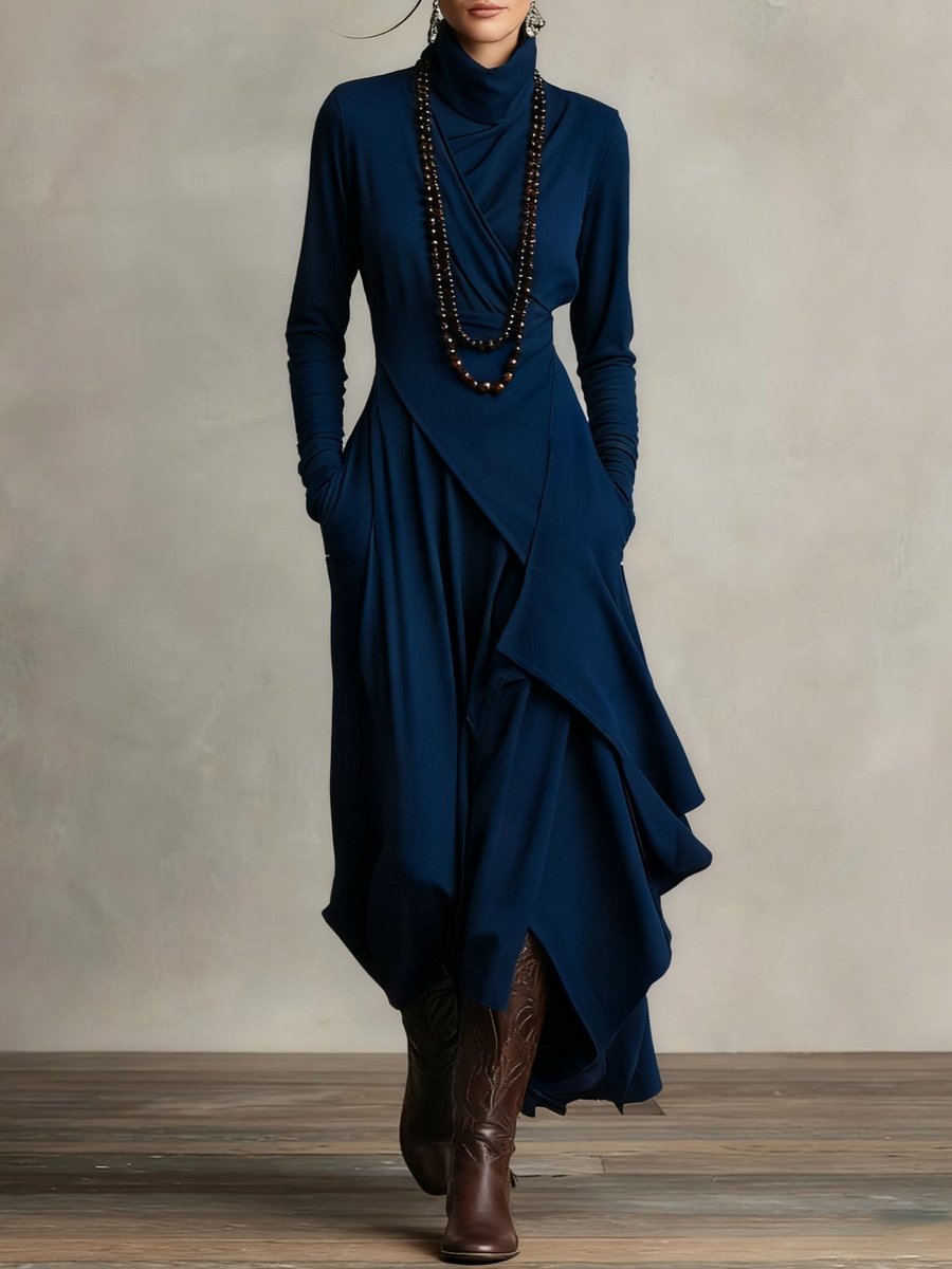 Damen Langarm Maxikleid Rollkragen Asymmetrisch Fließend - Marineblau