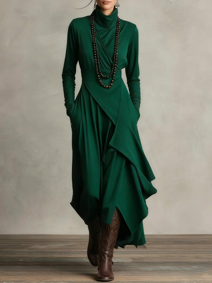Damen Langarm Maxikleid Rollkragen Asymmetrisch Fließend - Grün