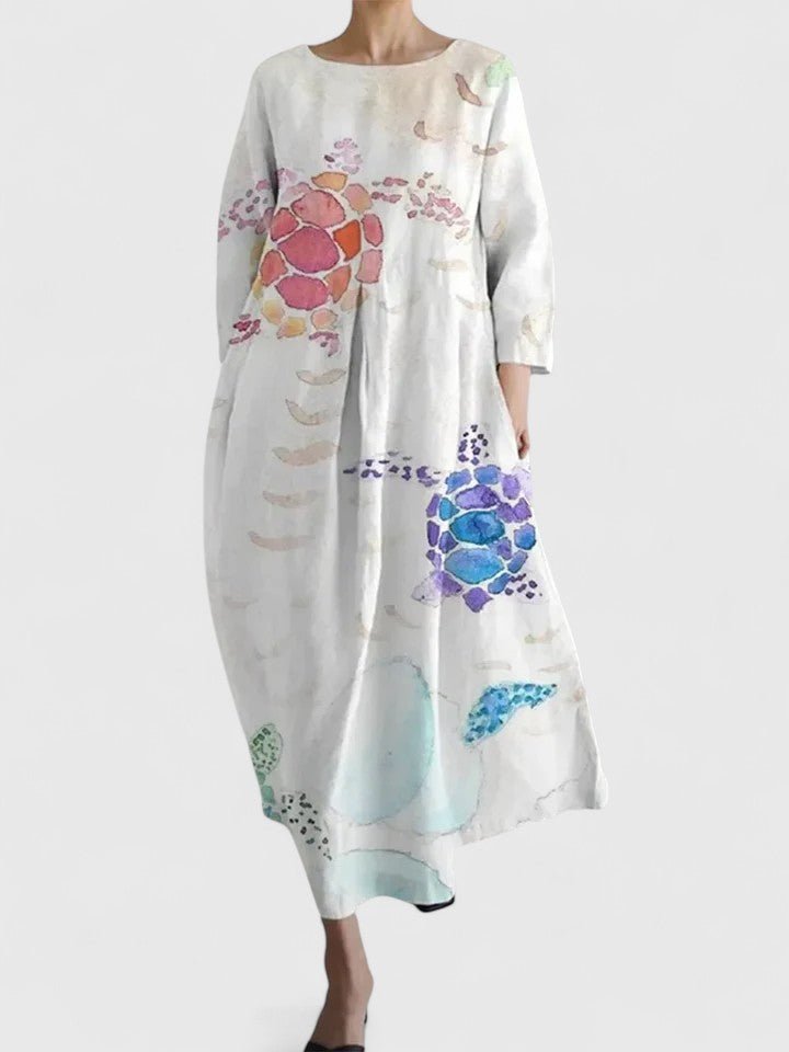 Damen Langarm Midi-Kleid mit Schildkröten-Print - Flower 1