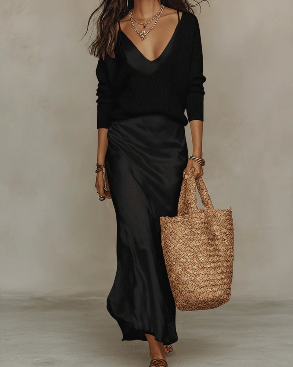 Damen Langarm Satin Midi Kleid mit passendem Strickpullover - Schwarz