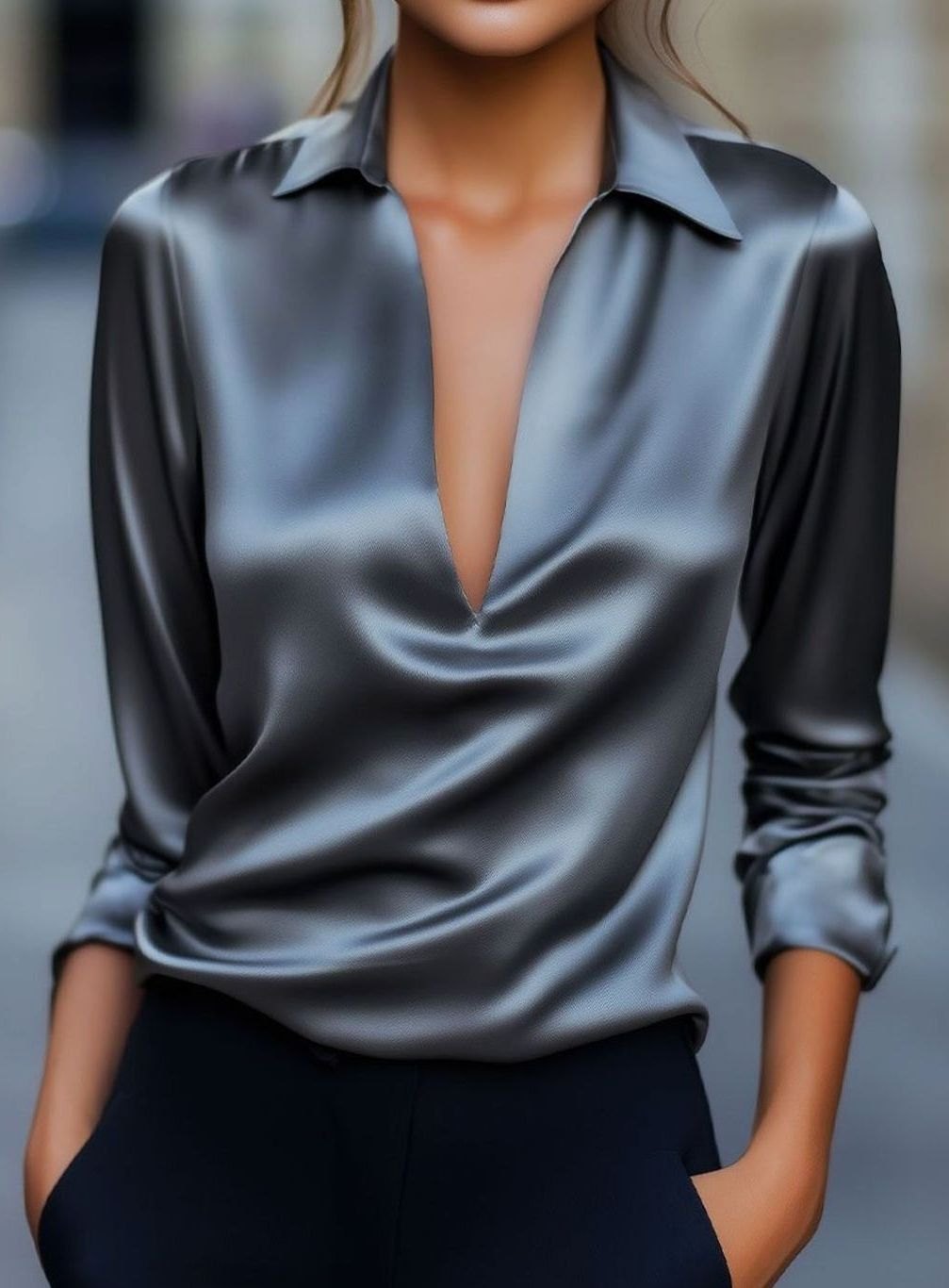 Damen Langarm-Satinbluse mit V-Ausschnitt Hemdkragen - Silber