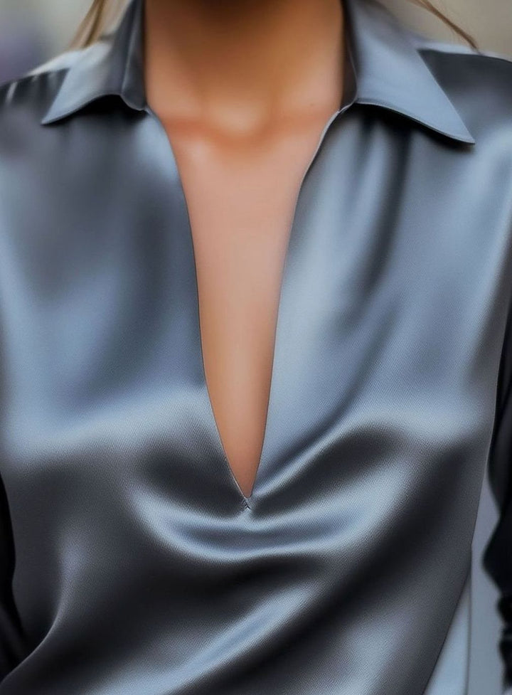 Damen Langarm-Satinbluse mit V-Ausschnitt Hemdkragen