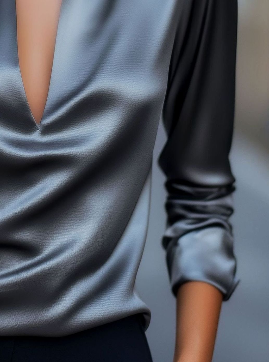 Damen Langarm-Satinbluse mit V-Ausschnitt Hemdkragen