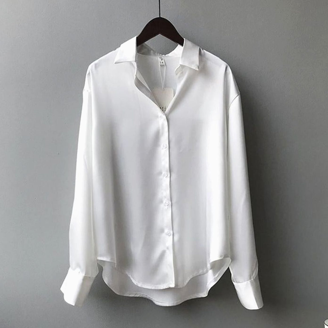 Damen Langarm-Seidenbluse mit Knopfleiste für Stil - Weiß