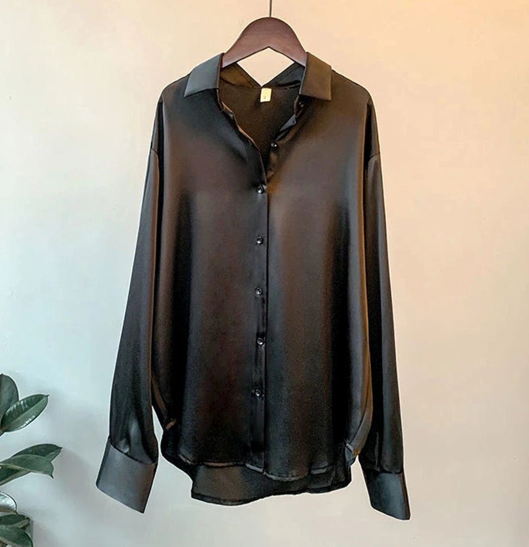 Damen Langarm-Seidenbluse mit Knopfleiste für Stil - Schwarz