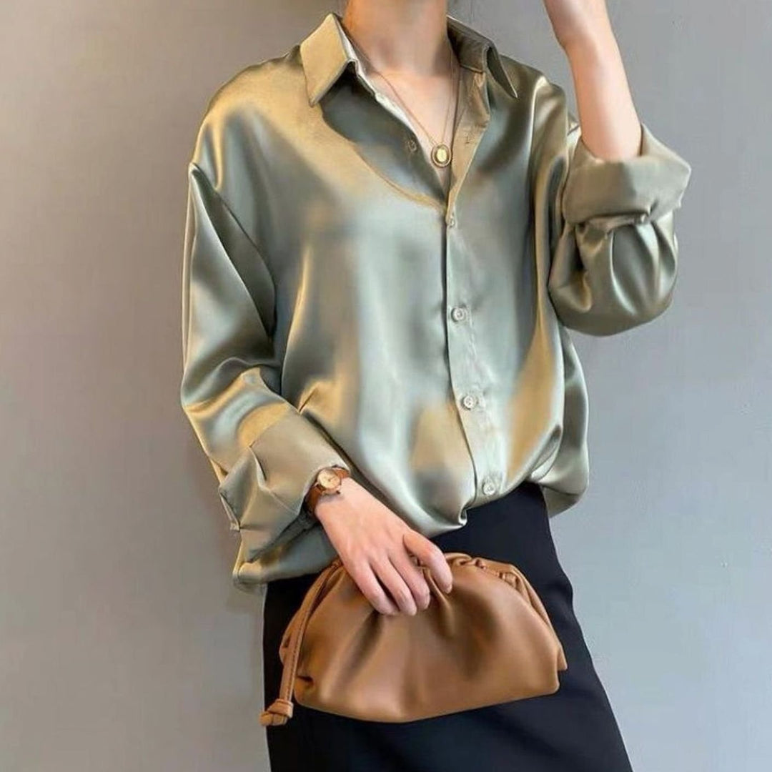 Damen Langarm-Seidenbluse mit Knopfleiste für Stil