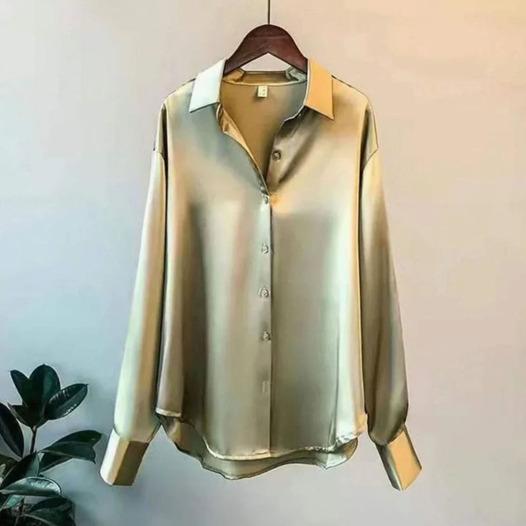 Damen Langarm-Seidenbluse mit Knopfleiste für Stil - Grün