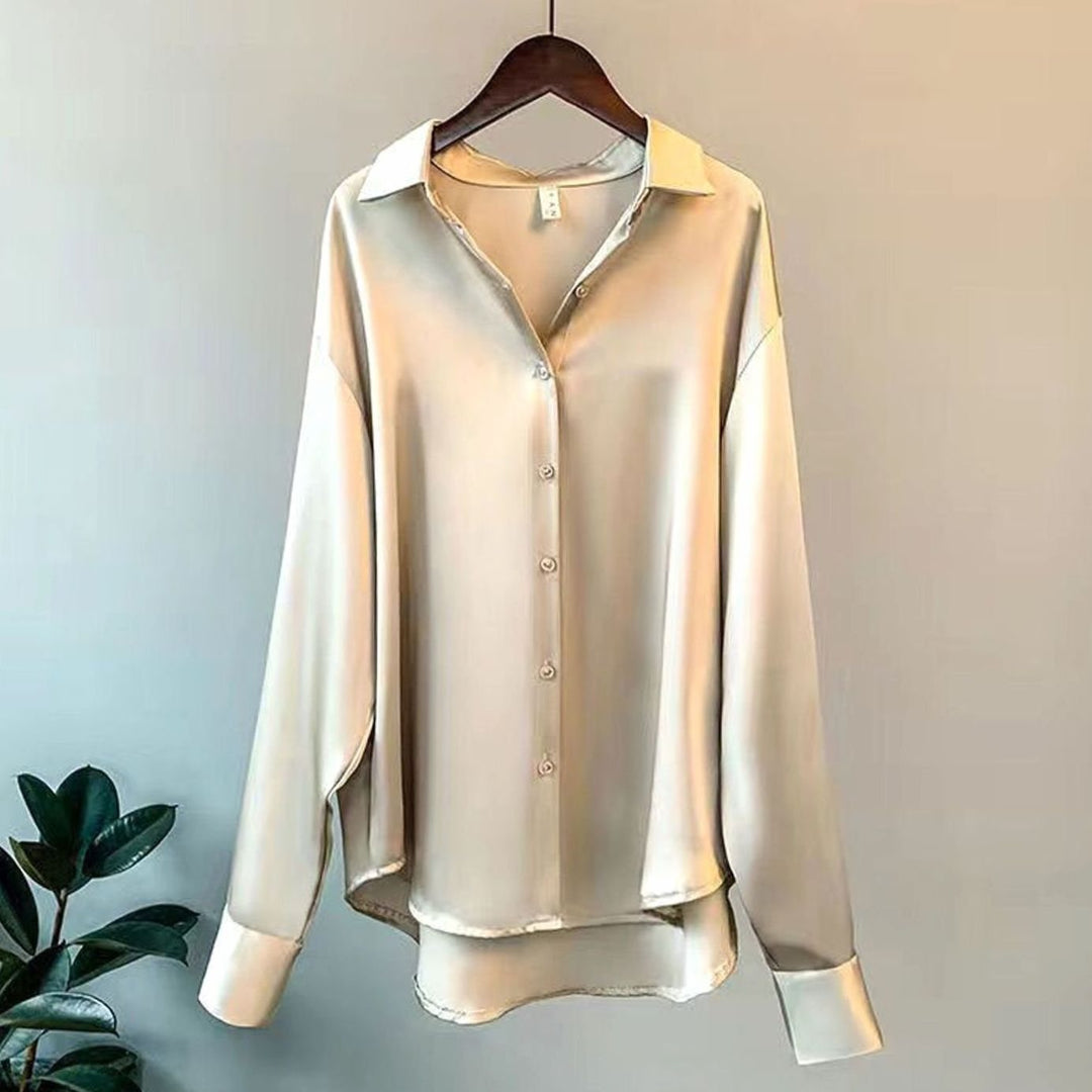 Damen Langarm-Seidenbluse mit Knopfleiste für Stil - Beige