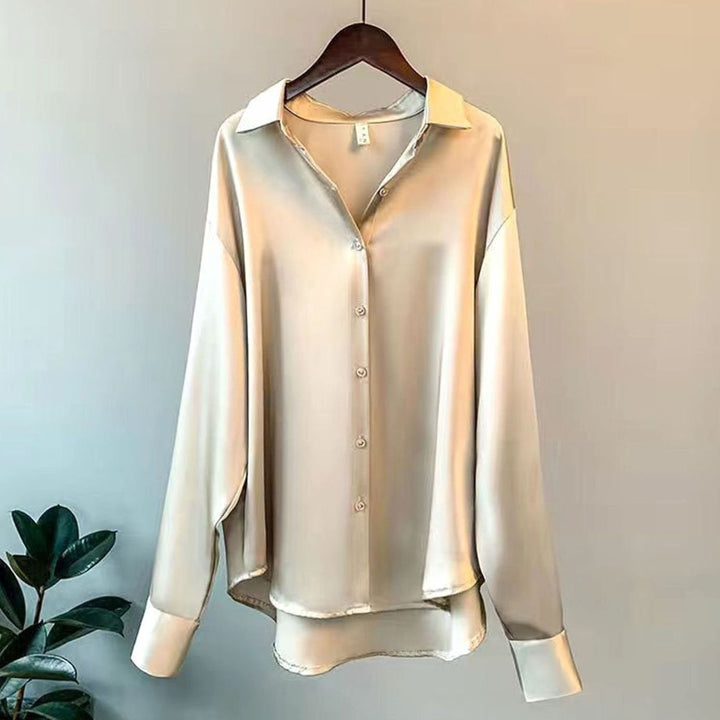Damen Langarm-Seidenbluse mit Knopfleiste für Stil - Beige
