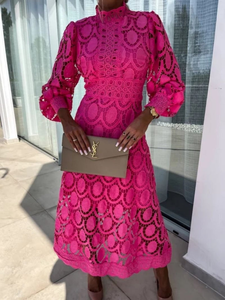 Damen Langarm Spitzen Midi Abendkleid