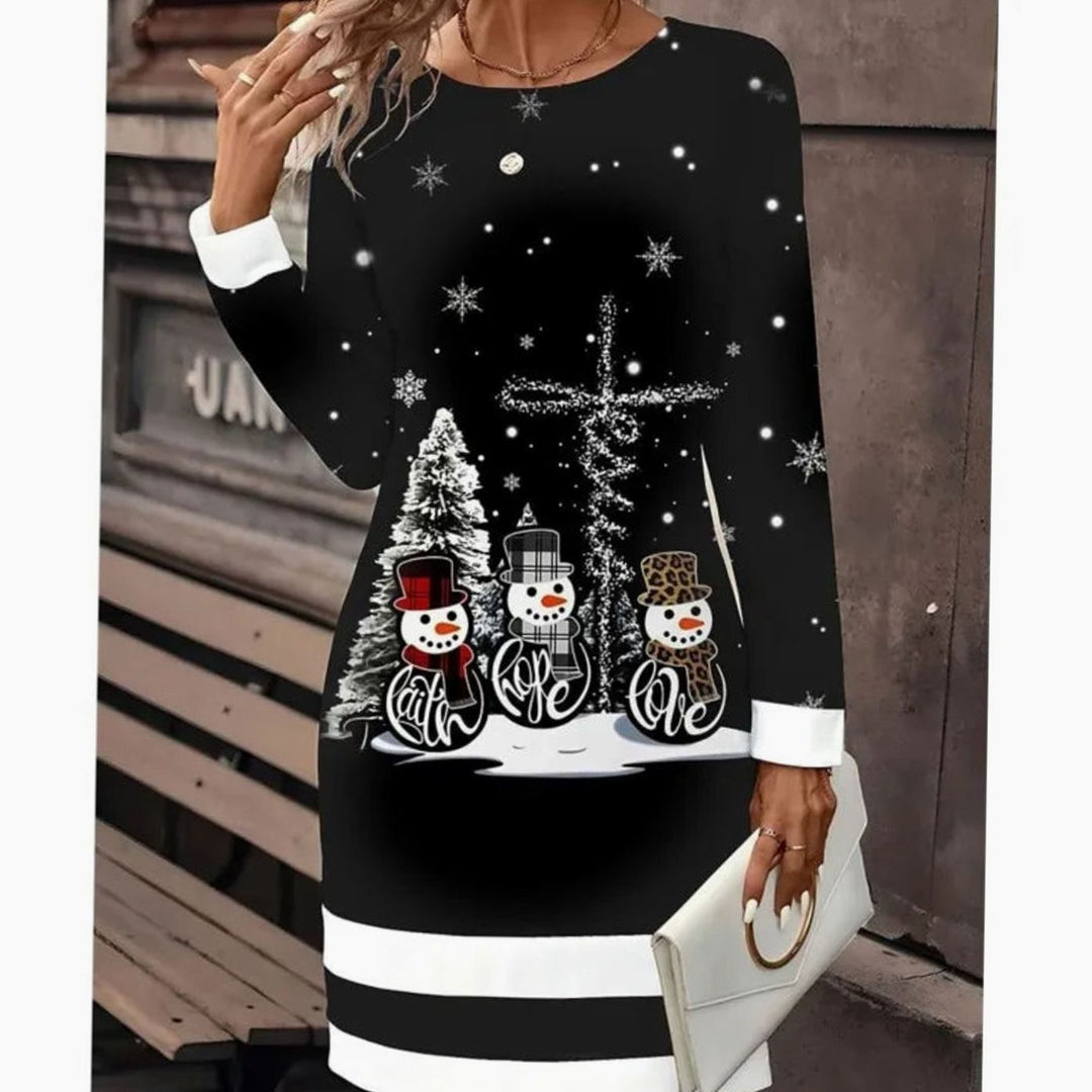 Damen Langarm-Sweatkleid mit Schneemann-Print Weihnachtsmotiv - Schwarz / Schneemann