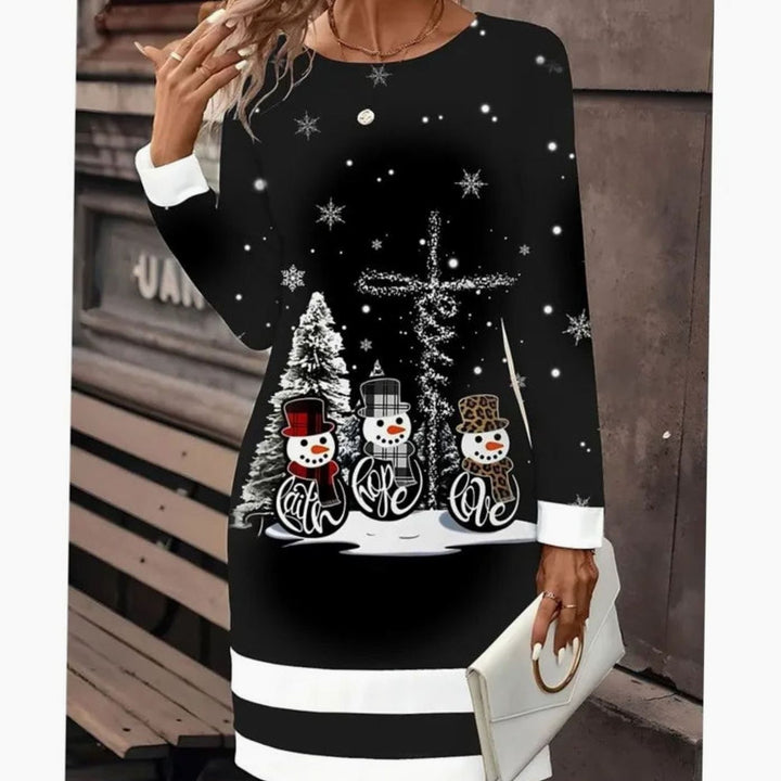 Damen Langarm-Sweatkleid mit Schneemann-Print Weihnachtsmotiv - Schwarz / Schneemann