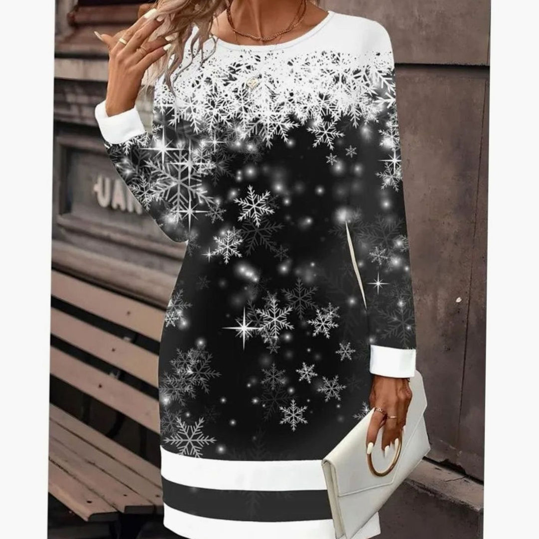 Damen Langarm-Sweatkleid mit Schneemann-Print Weihnachtsmotiv - Schwarz / Schneeflocken