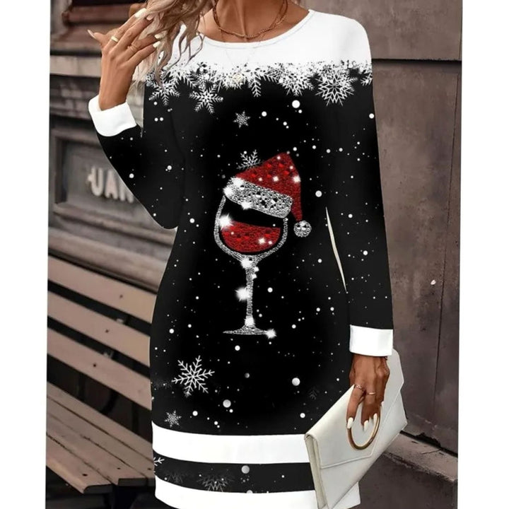 Damen Langarm-Sweatkleid mit Schneemann-Print Weihnachtsmotiv - Schwarz / Glas