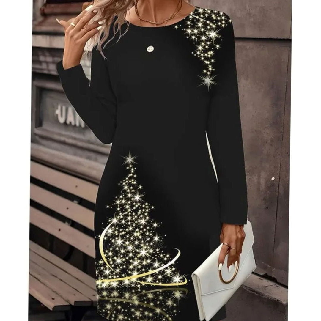 Damen Langarm-Sweatkleid mit Schneemann-Print Weihnachtsmotiv - Schwarz / Weihnachtsbaum