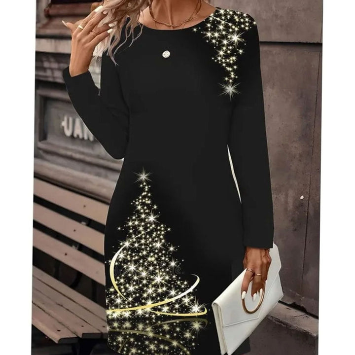 Damen Langarm-Sweatkleid mit Schneemann-Print Weihnachtsmotiv - Schwarz / Weihnachtsbaum