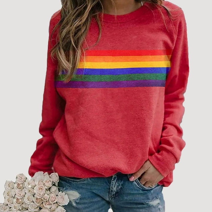 Damen Langarm-Sweatshirt mit Regenbogenstreifen Rundhals - Rot