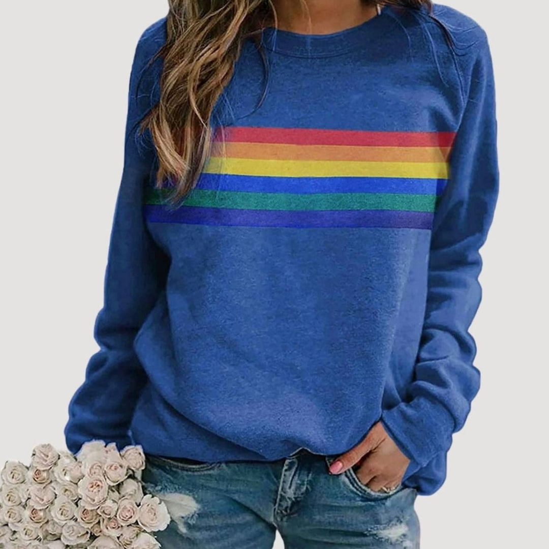 Damen Langarm-Sweatshirt mit Regenbogenstreifen Rundhals - Blau