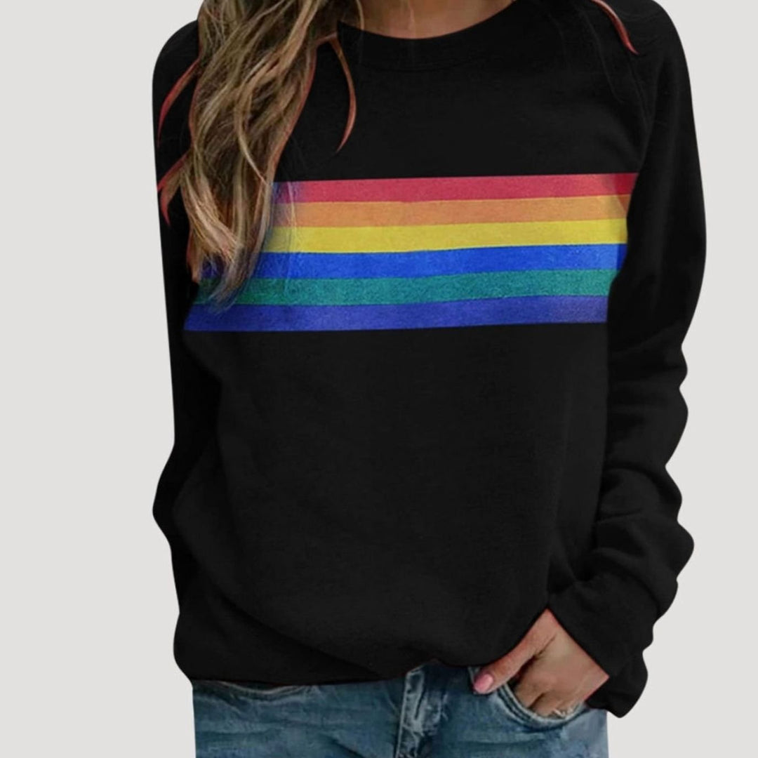 Damen Langarm-Sweatshirt mit Regenbogenstreifen Rundhals - Schwarz