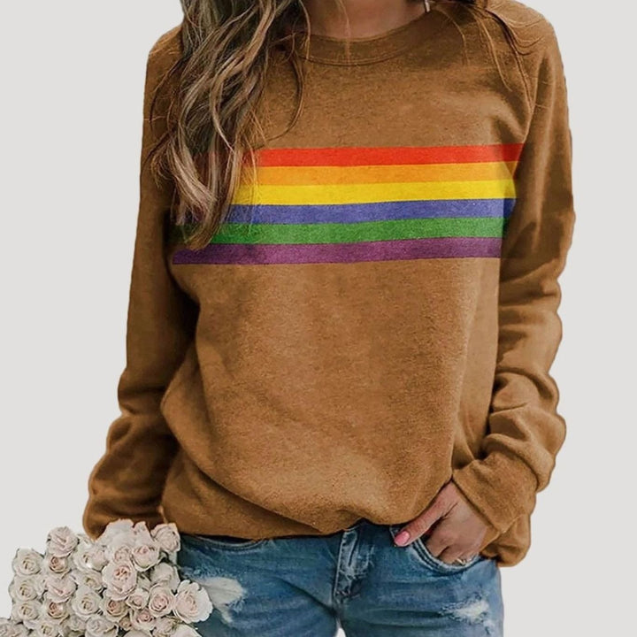 Damen Langarm-Sweatshirt mit Regenbogenstreifen Rundhals - Braun