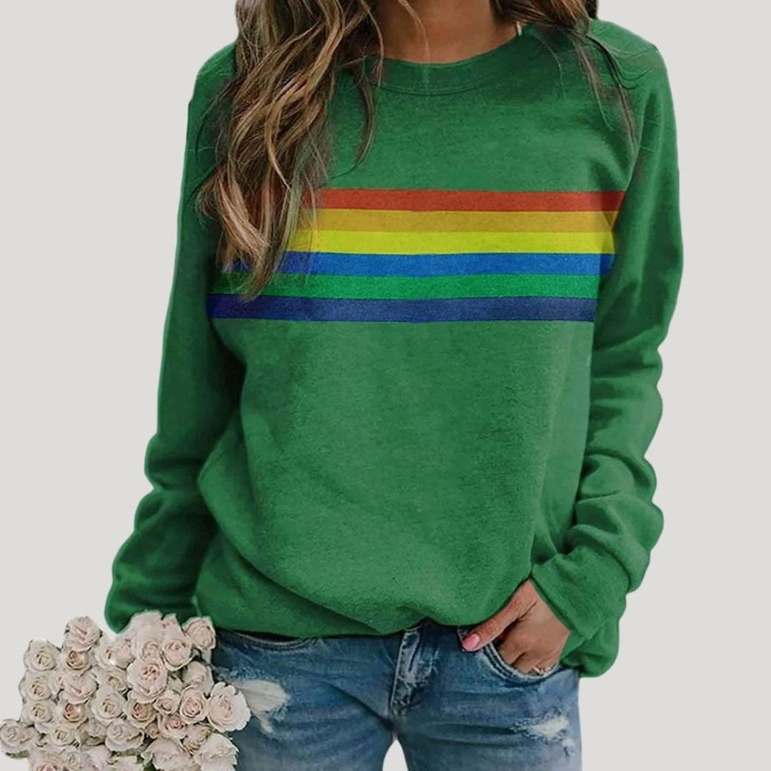 Damen Langarm-Sweatshirt mit Regenbogenstreifen Rundhals - Grün