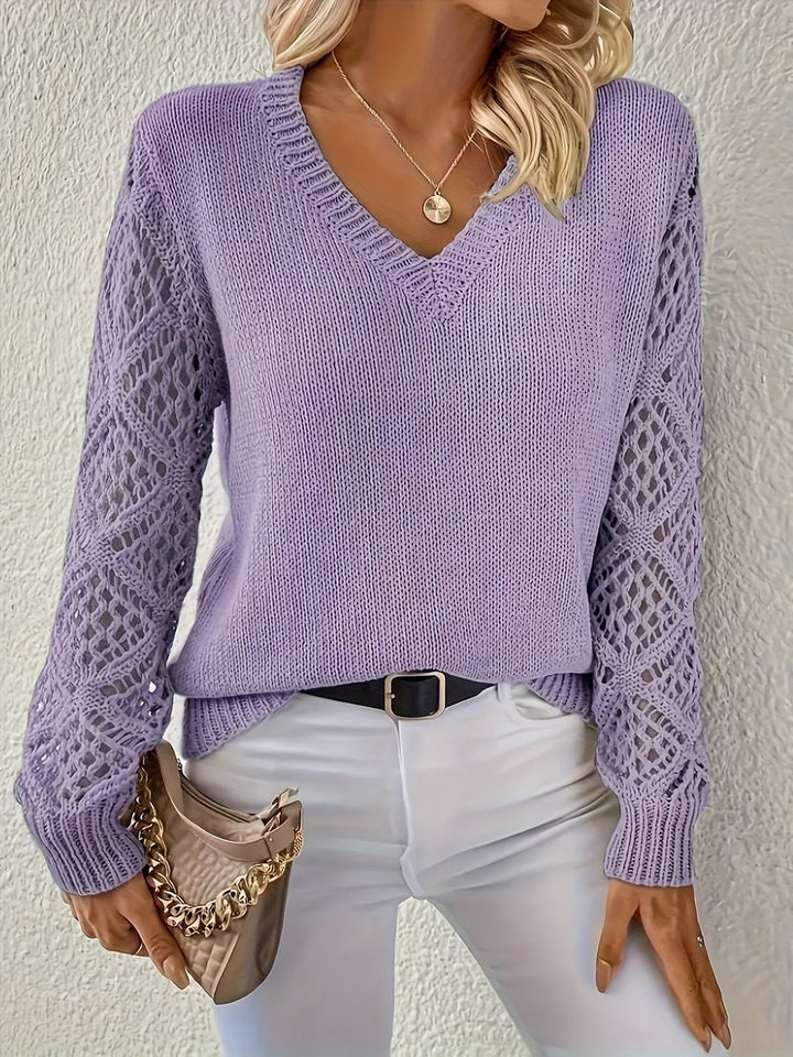 Damen Langarm V-Ausschnitt Lochstrick Knit Sweater Pullover - Lila