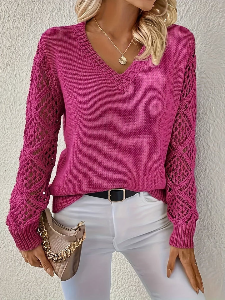 Damen Langarm V-Ausschnitt Lochstrick Knit Sweater Pullover