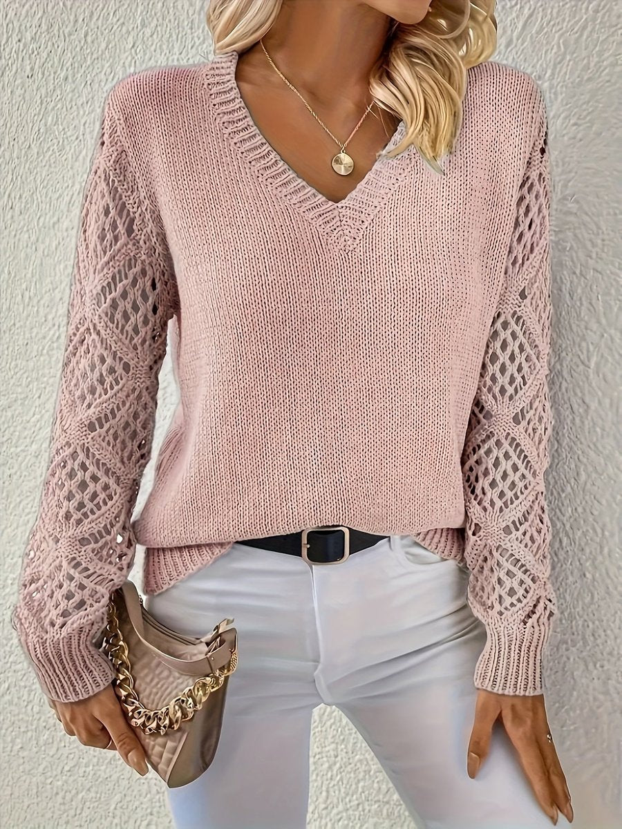 Damen Langarm V-Ausschnitt Lochstrick Knit Sweater Pullover - Rosa