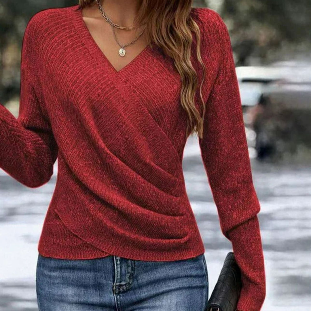 Damen Langarm V-Neck Wickeltop figurbetontes Strick-Oberteil - Rot