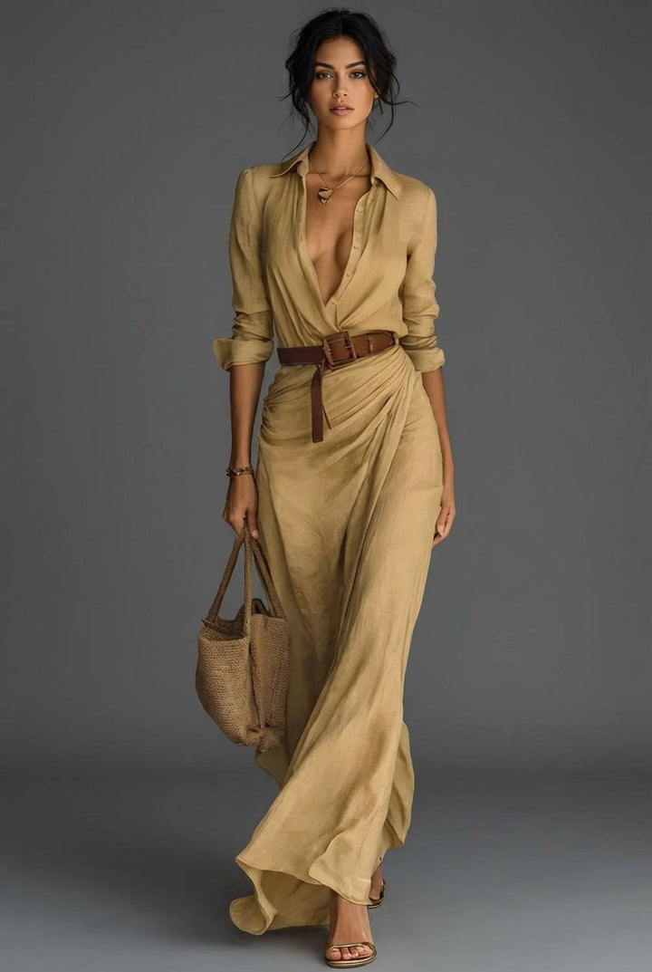 Damen Langarm Wickel Maxi Kleid mit Gürtel - Khaki