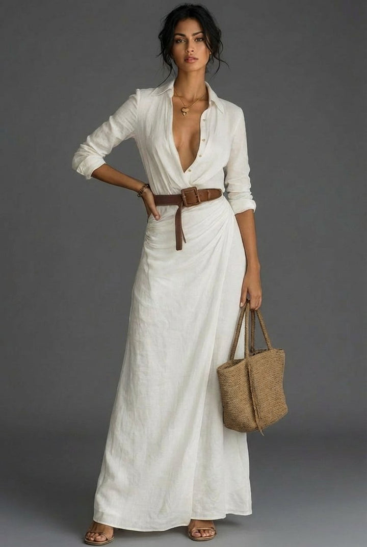 Damen Langarm Wickel Maxi Kleid mit Gürtel - White