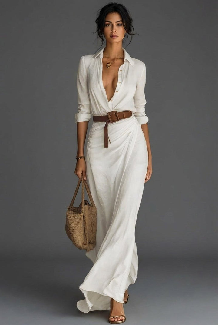 Damen Langarm Wickel Maxi Kleid mit Gürtel