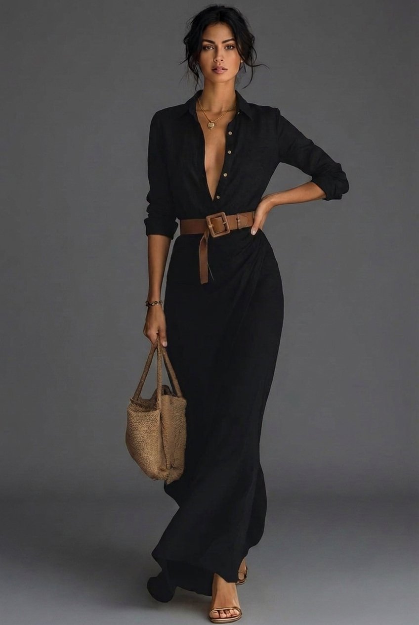 Damen Langarm Wickel Maxi Kleid mit Gürtel - Black