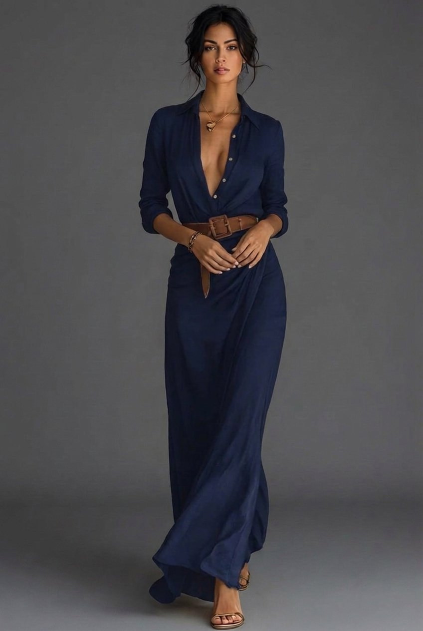 Damen Langarm Wickel Maxi Kleid mit Gürtel - Navy Blue