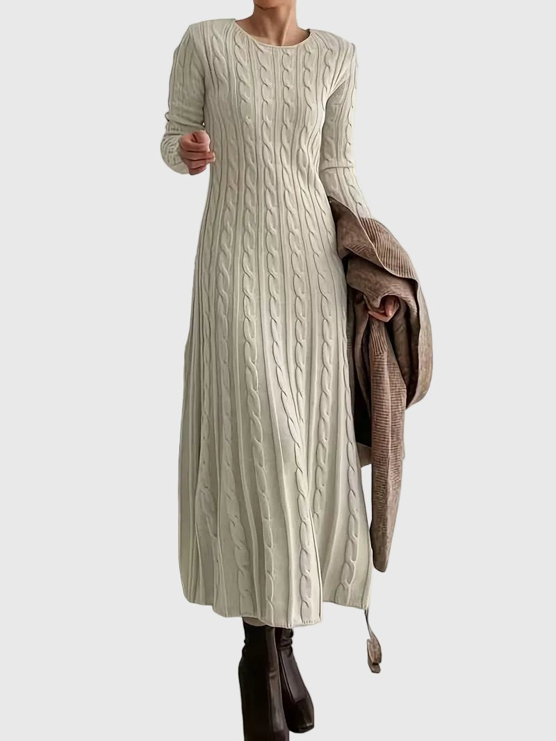 Damen Langarm Zopfstrick Maxi-Kleid mit Rundhalsausschnitt - Apricot
