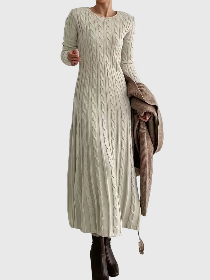 Damen Langarm Zopfstrick Maxi-Kleid mit Rundhalsausschnitt - Apricot