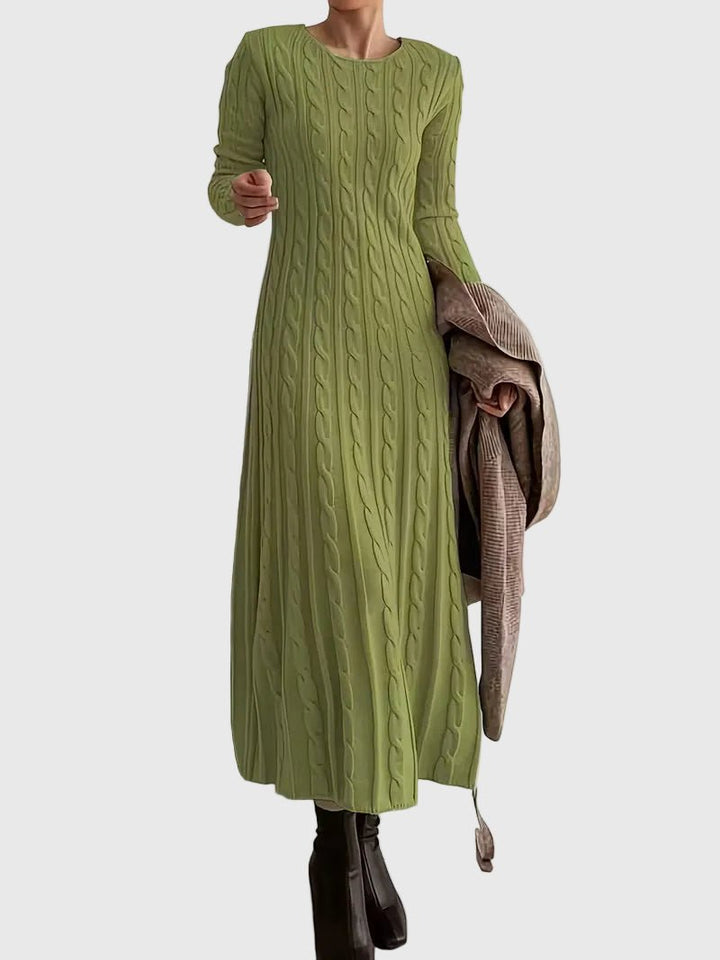 Damen Langarm Zopfstrick Maxi-Kleid mit Rundhalsausschnitt - Green