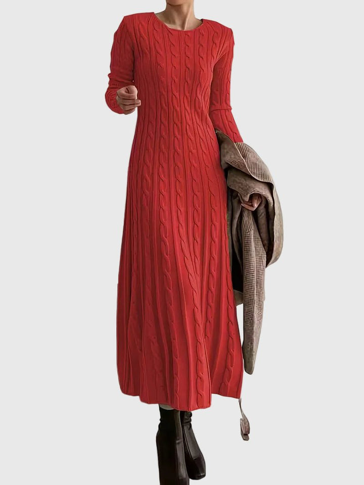 Damen Langarm Zopfstrick Maxi-Kleid mit Rundhalsausschnitt - Red