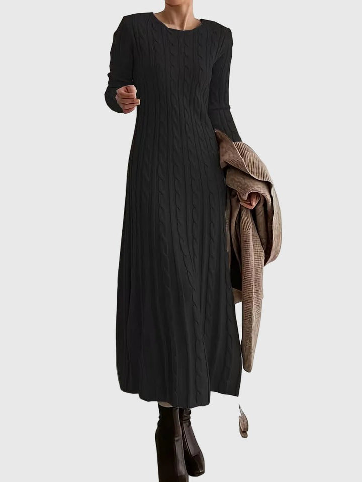 Damen Langarm Zopfstrick Maxi-Kleid mit Rundhalsausschnitt - Black