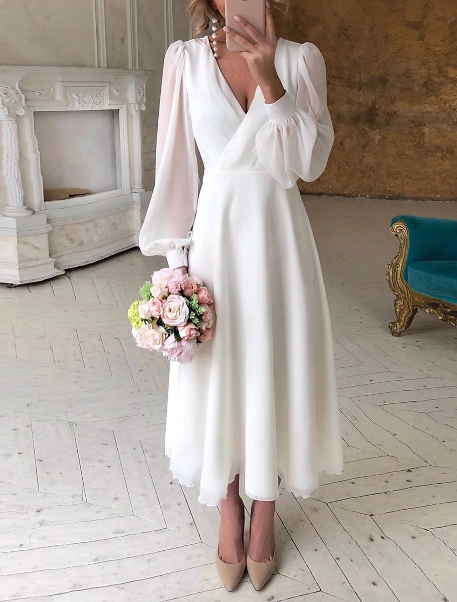 Damen Langarmkleid Elegantes Weißes Midi-Hochzeitskleid Puffärmel V-Ausschnitt - Weiß