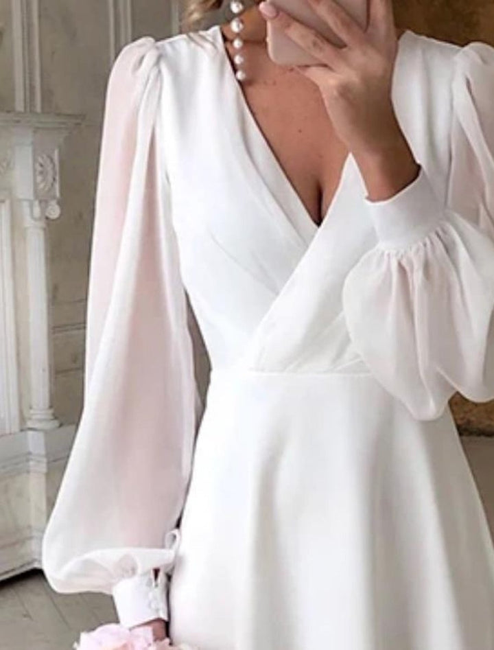 Damen Langarmkleid Elegantes Weißes Midi-Hochzeitskleid Puffärmel V-Ausschnitt
