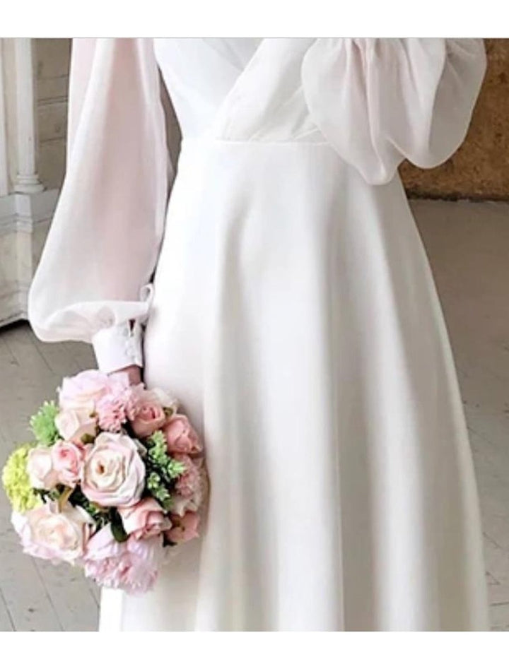 Damen Langarmkleid Elegantes Weißes Midi-Hochzeitskleid Puffärmel V-Ausschnitt