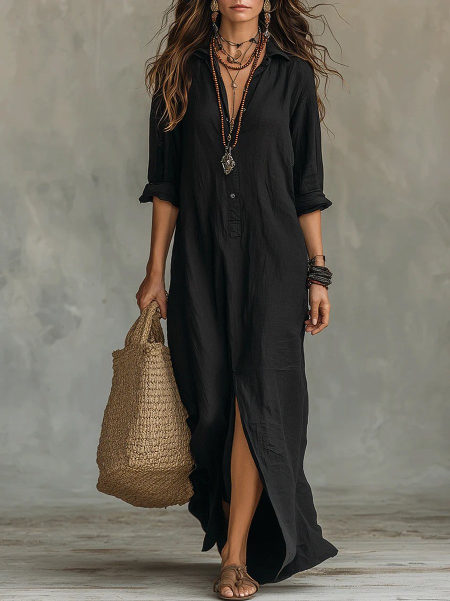 Damen Langarmkleid Lässiges Maxi-Hemdblusenkleid mit V-Ausschnitt - Schwarz